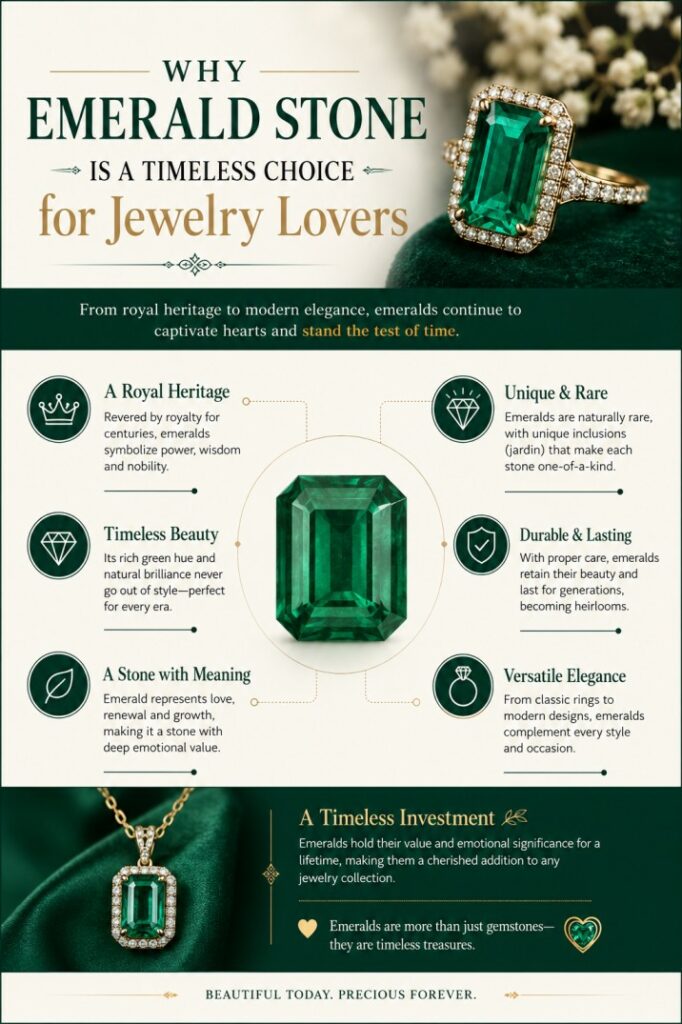 Infographic explaining why emerald stone are a timeless jewelry choice, with a central emerald and six benefit icons.