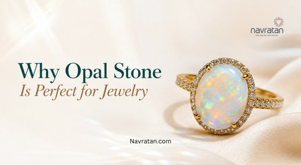 Opal ring with a halo of diamonds on a silky beige background, promoteNavratan jewelry article: 'Why Opal Stone Is Perfect for Jewelry'