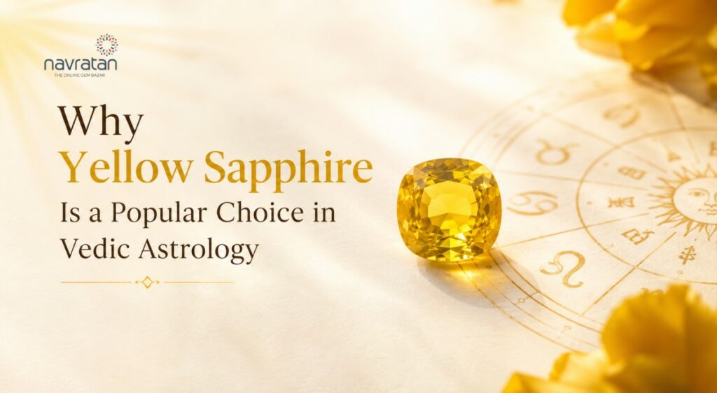 Yellow sapphire gem rests on a zodiac wheel against a warm, golden background, introducing why it's popular in Vedic astrology (Navratan).