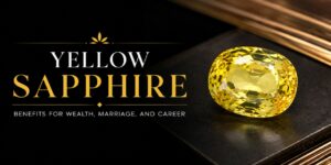 Yellow sapphire gemstone on a dark background beside the text 'Yellow Sapphire' and the tagline 'Benefits for wealth, marriage, and career.'