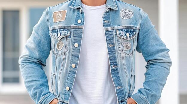 Person wearing a light blue denim jacket with patches over a white T-shirt, hands on hips.
