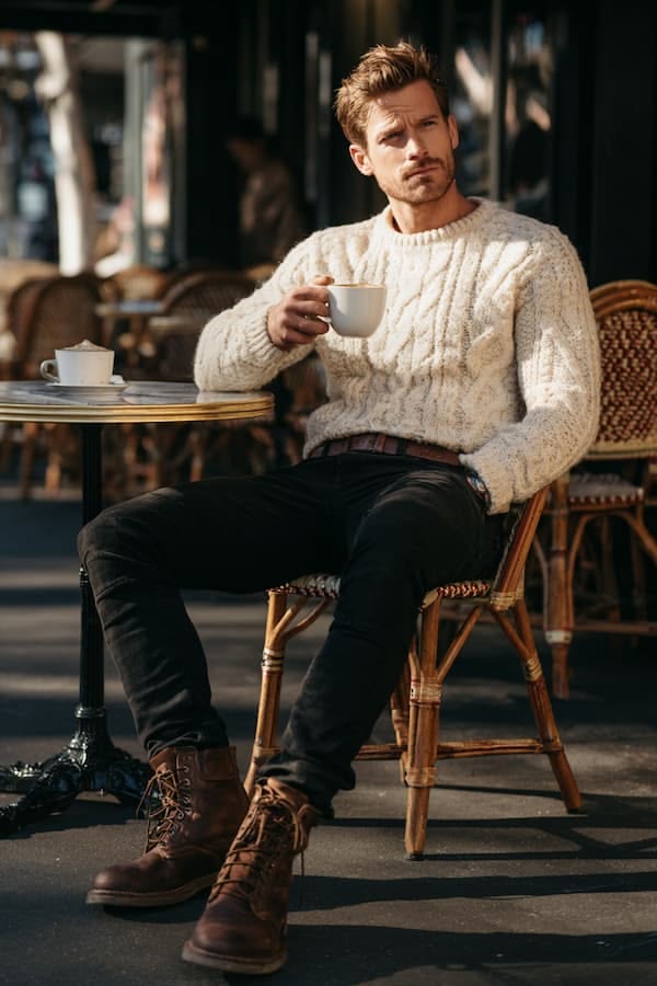 Man in a chunky cream sweater sits at an outdoor cafe table, holding a white mug of coffee.