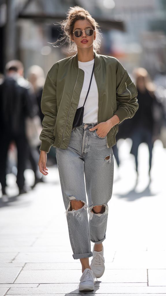 Woman walking on a city sidewalk in an olive bomber jacket, white tee, ripped gray jeans, white sneakers, and sunglasses, carrying a small black crossbody bag.