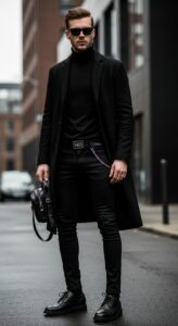 Stylish man in an all-black outfit with a long coat, turtleneck, sunglasses, and leather accessories on a city street.
