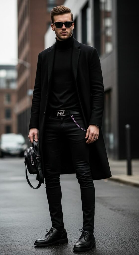Stylish man in an all-black outfit with a long coat, turtleneck, sunglasses, and leather accessories on a city street.