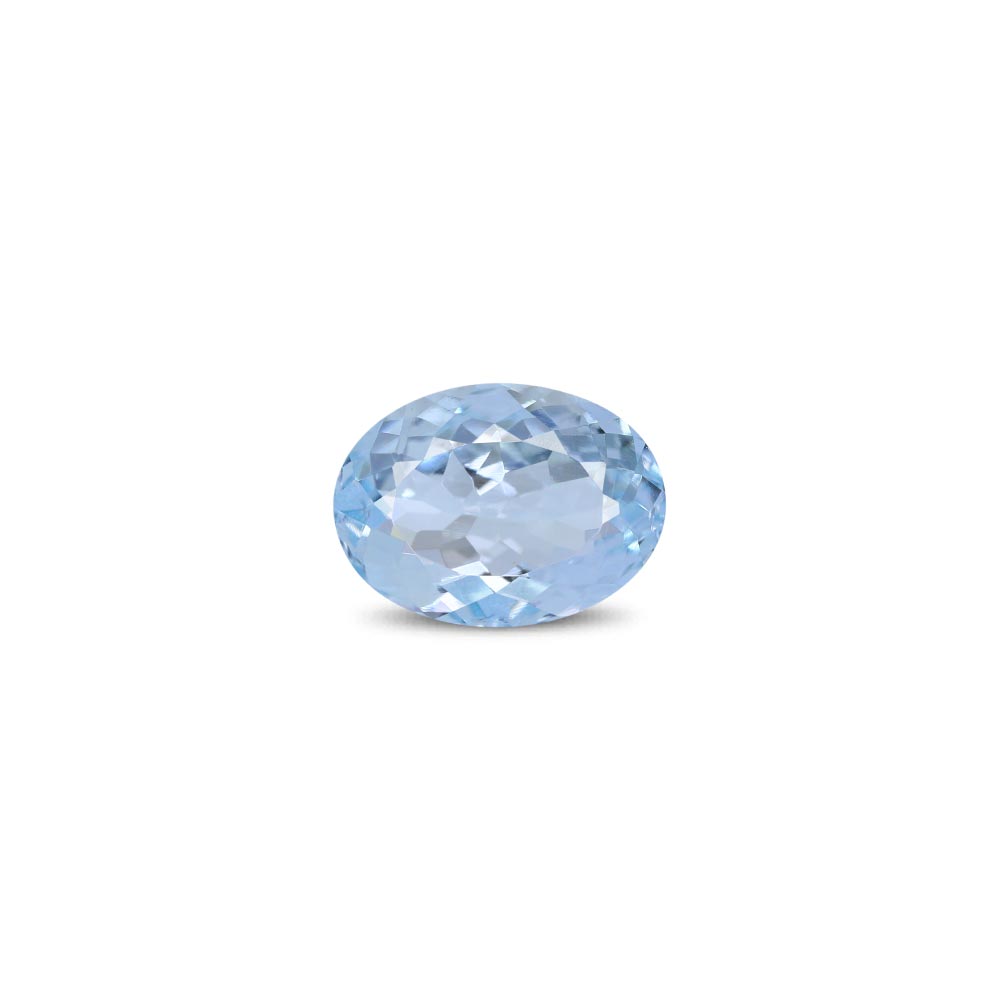Oval-cut light blue aquamarine stone on white background