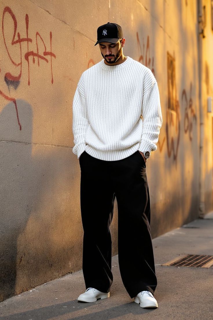 Man wearing a chunky white knit sweater, black wide-leg pants, white sneakers, and a black baseball cap, standing in a graffiti-filled alley.