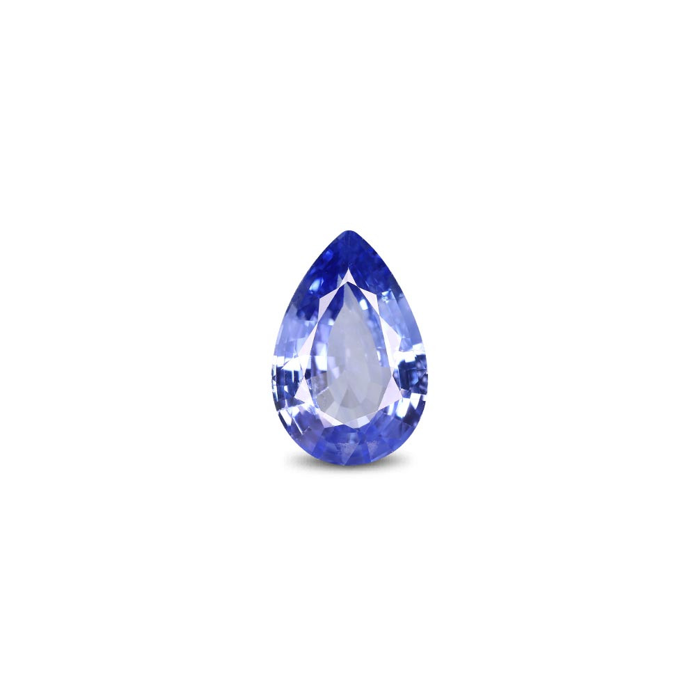 Teardrop-cut blue sapphire gemstone with faceted facets on a white background.