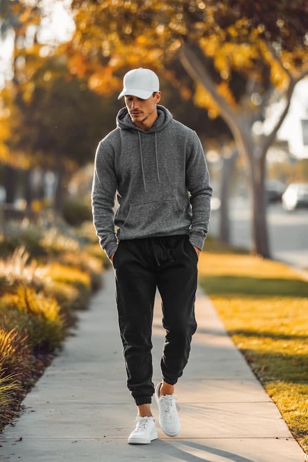 Man in gray hoodie, black joggers, white sneakers, and a white cap walking along a sunlit autumn sidewalk.