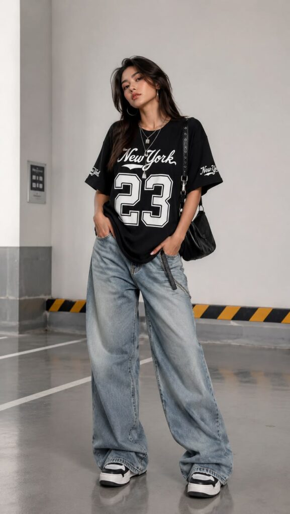Woman posing in a parking garage in oversized Graphic Tee and baggy jeans,