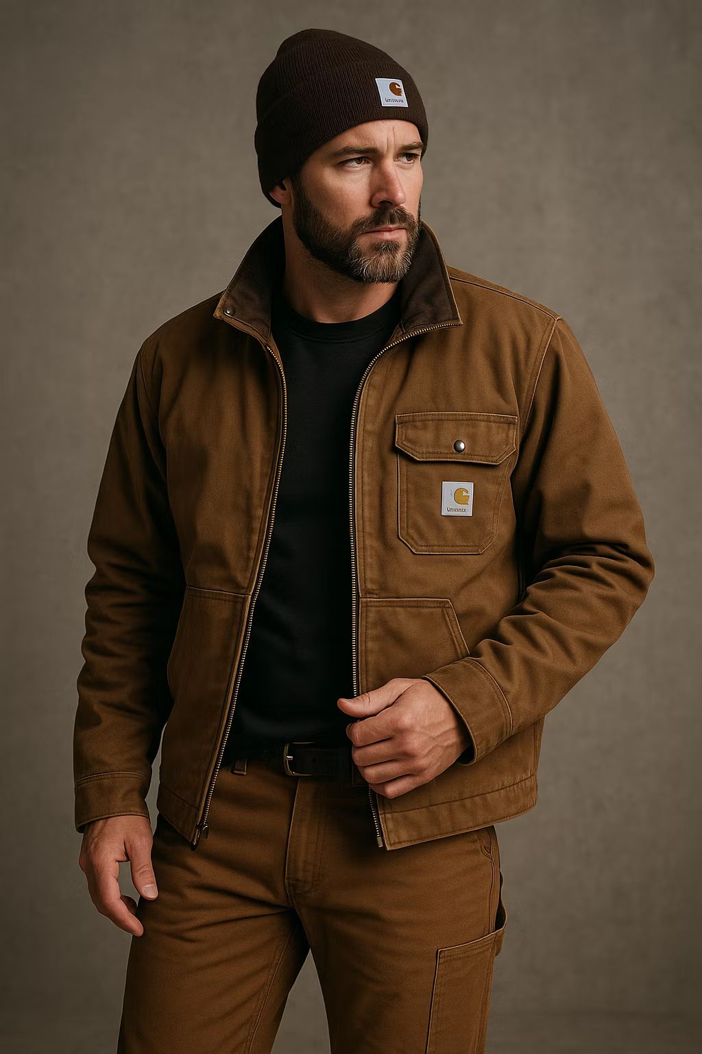 Man in a brown Carhartt jacket and black shirt, looking to the left against a neutral backdrop; beanie on head with small patch visible on chest pocket badge.