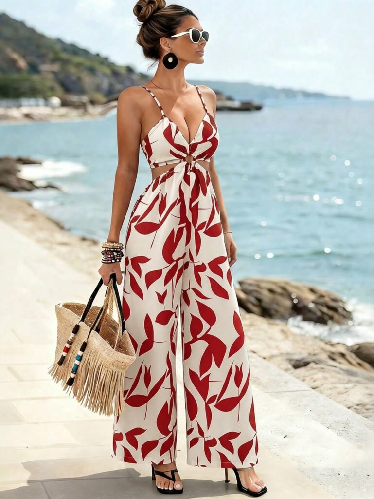 Woman in a white jumpsuit with a red leaf pattern, knot at the front, standing by the sea with a fringed straw tote bag.