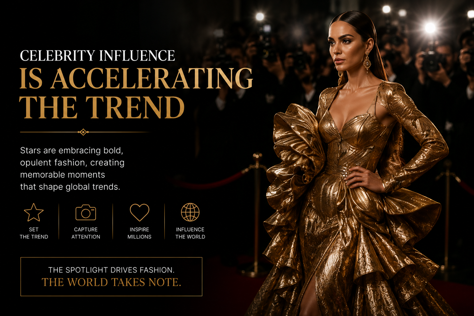 Glamorous woman in a metallic gold gown on a red carpet with photographers behind; left side shows the headline: 'Celebrity influence is accelerating the trend'.
