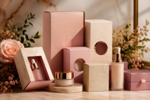 Assortment of pink and beige beauty products and gift boxes arranged on a marble surface with roses in the background.