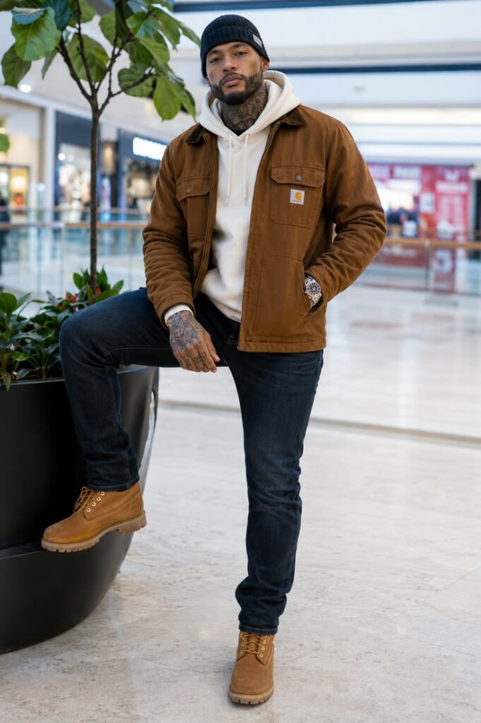 Man in a brown Carhartt jacket over a white hoodie stands with one foot on a planter in a shopping mall, wearing a black beanie, dark jeans, tan boots, and visible tattoos on his hands.
