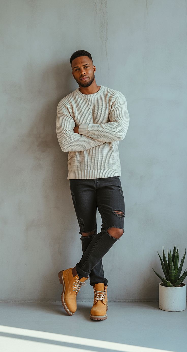 Man leaning against a gray wall with arms crossed, wearing a cream knit sweater, ripped black jeans, and tan boots; a potted plant sits nearby.