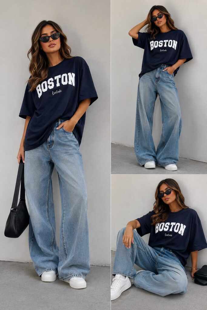Woman in a navy oversized Boston t‑shirt, light blue wide‑leg jeans and white sneakers, poses against a gray wall with a black handbag.