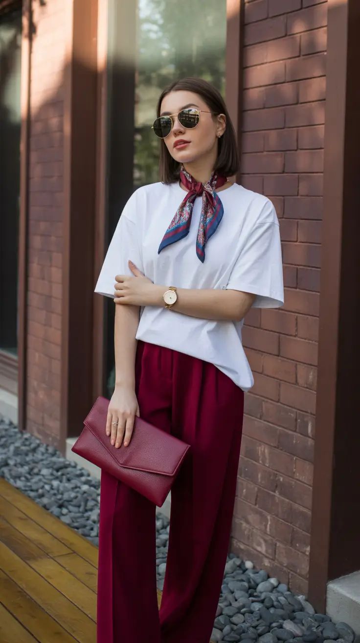 Woman wearing a white T-shirt, burgundy wide-leg pants, a patterned scarf, round sunglasses, gold watch, and holding a burgundy clutch against a brick wall.
