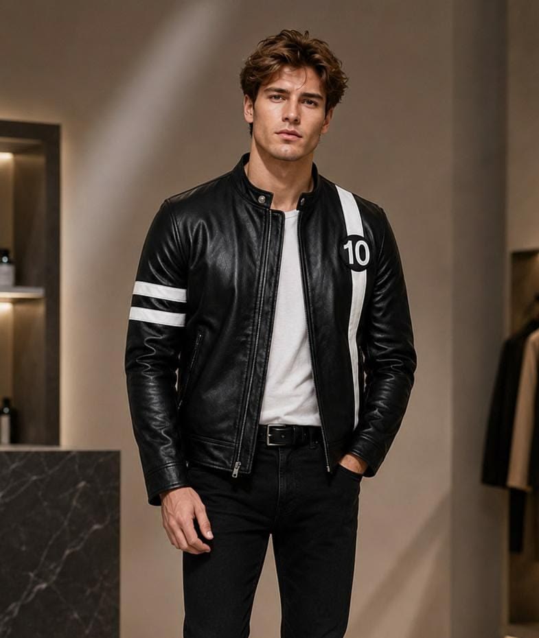 Man in a black racing leather jacket with white stripes and a '10' patch, standing in a showroom with hands in pockets.