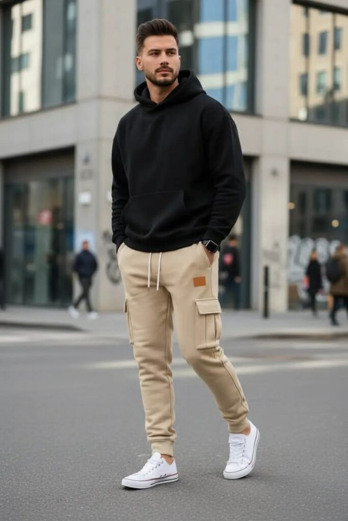 Man in a black hoodie and beige cargo joggers walking down an urban street, white sneakers visible