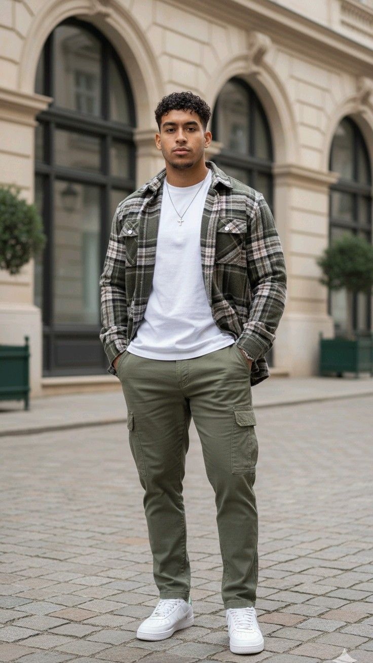 Man with short curly hair standing on a city street in a green plaid shirt over a white tee, olive cargo pants, and white sneakers.