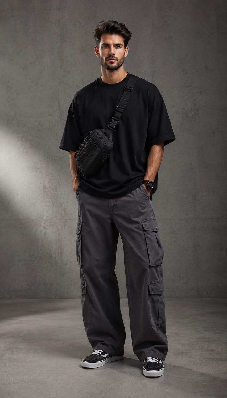 Young man in a black T-shirt with gray cargo pants Streetwear and a crossbody bag, posing against a concrete wall studio backdrop.