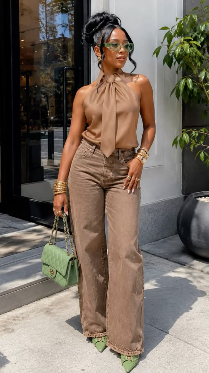 Stylish woman posing outdoors in a neutral brown outfit, green pointed-toe heels, and a green quilted handbag with a gold chain.