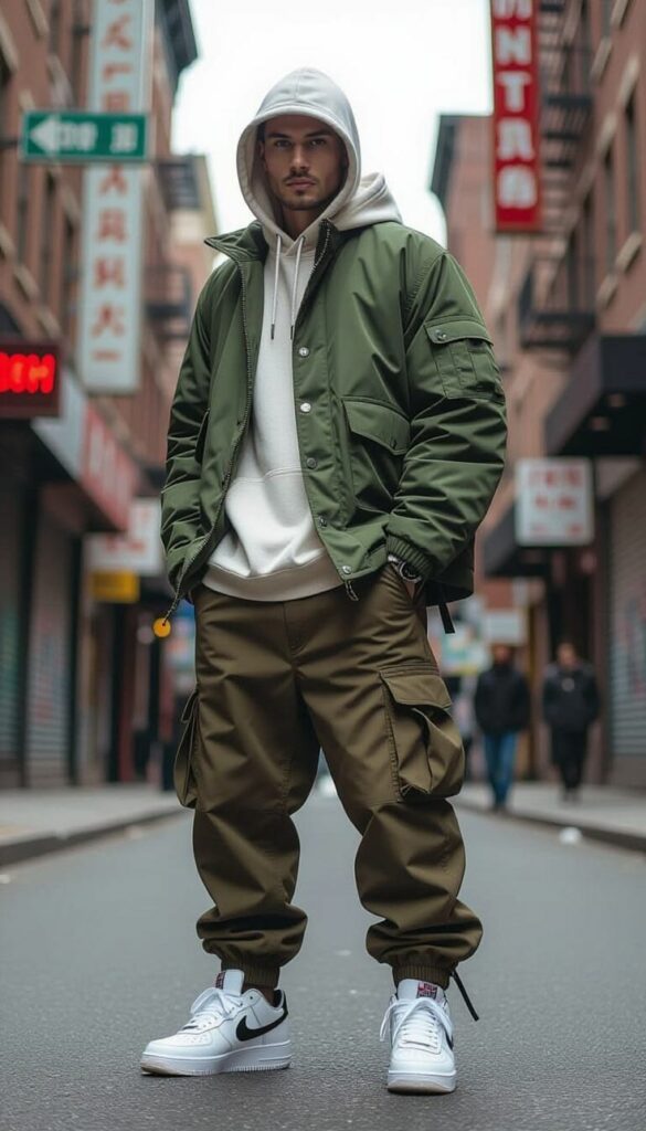 Young man in a white hoodie and olive bomber jacket stands on a city street, cargo pants and white sneakers visible.