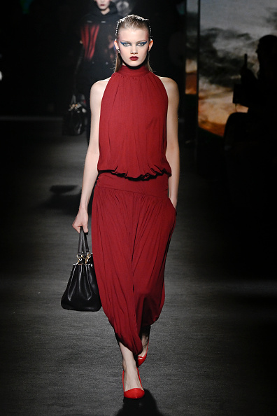 Vesta Matulyte walked the Balenciaga Womenswear Fall/Winter 2026–2027 runway in a draped, ruched silk jersey maxi dress, later worn by Lori Harvey for the brand’s Haute Couture Fall/Winter 2026 show.