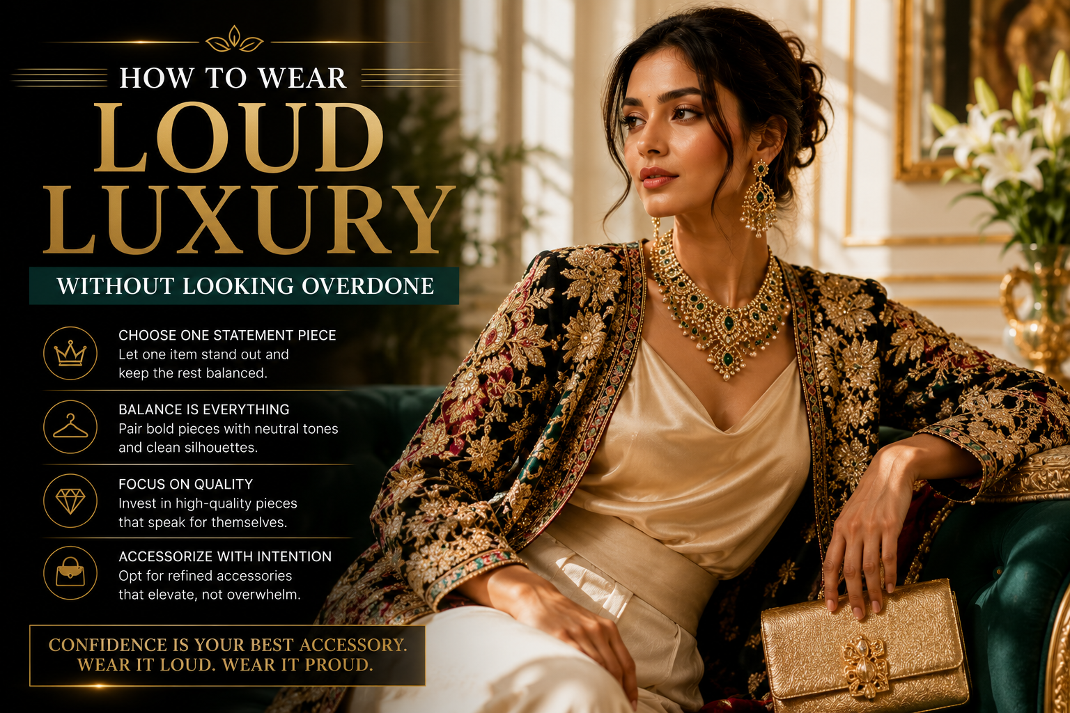 Promotional banner: a woman in ornate gold jewelry and embroidery; headline reads 'How to wear LOUD LUXURY without looking overdone.'