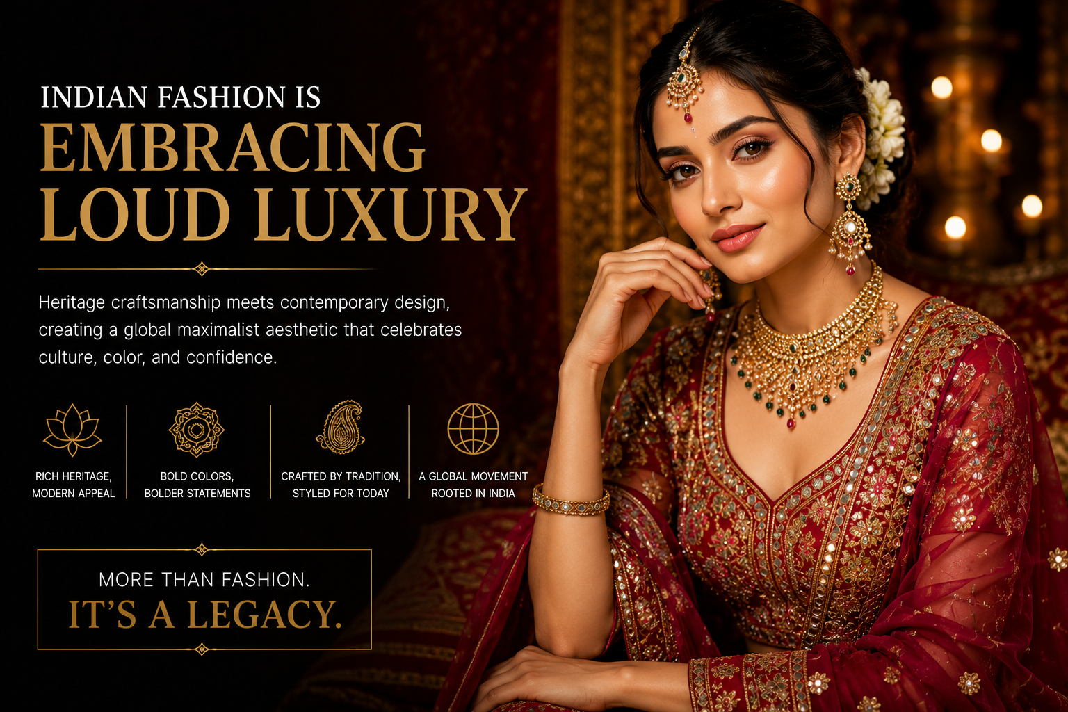 Indian fashion ad: a model in heavy gold jewelry and a maroon-embellished outfit, with the headline about embracing loud luxury.
