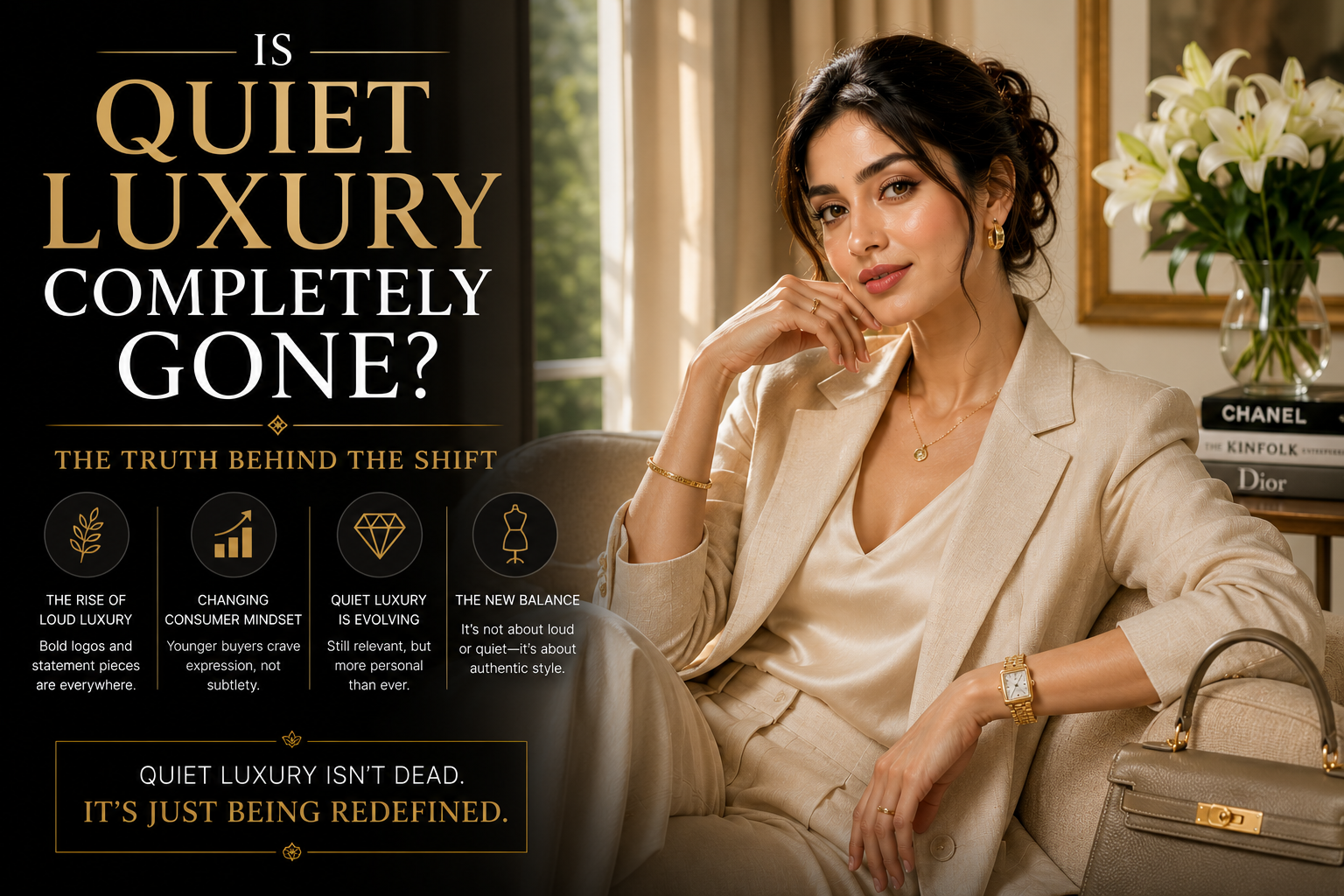 Elegant advert: woman in a cream/beige suit seated indoors, gold jewelry, with a black panel of gold text reading 'Is Quiet Luxury Completely Gone? The Truth Behind the Shift' on the left.