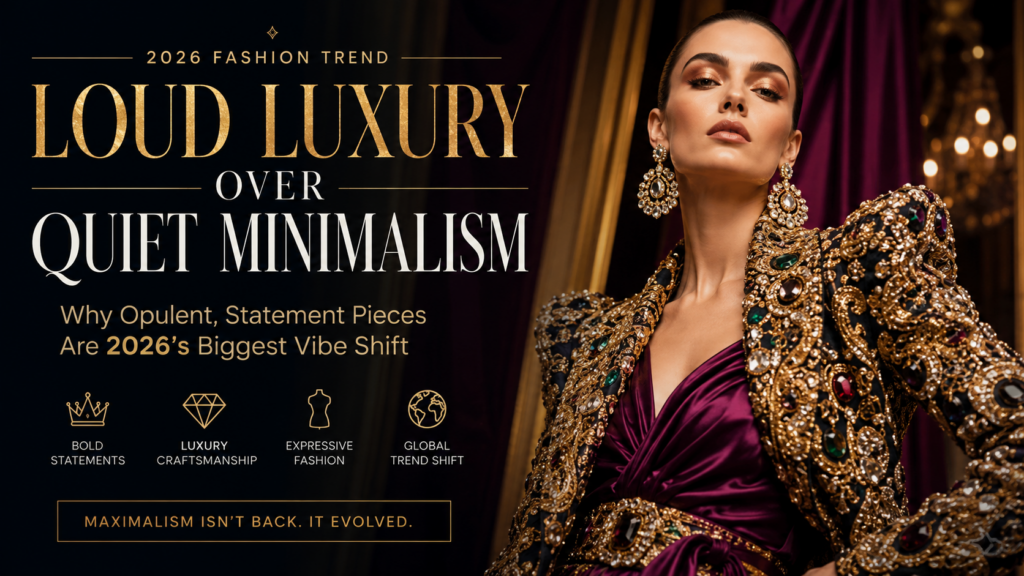 Poster advertising 2026 fashion trend 'LOUD LUXURY OVER QUIET MINIMALISM' with a model in a gold-embellished outfit on a dark background.