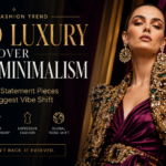 Poster advertising 2026 fashion trend 'LOUD LUXURY OVER QUIET MINIMALISM' with a model in a gold-embellished outfit on a dark background.