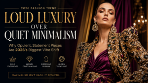 Poster advertising 2026 fashion trend 'LOUD LUXURY OVER QUIET MINIMALISM' with a model in a gold-embellished outfit on a dark background.