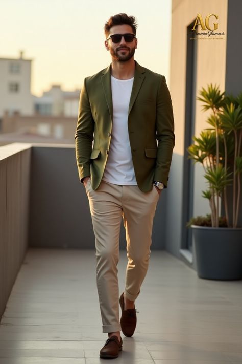 Man in an olive blazer, white tee, beige trousers, and brown loafers walks on a sunlit rooftop balcony.