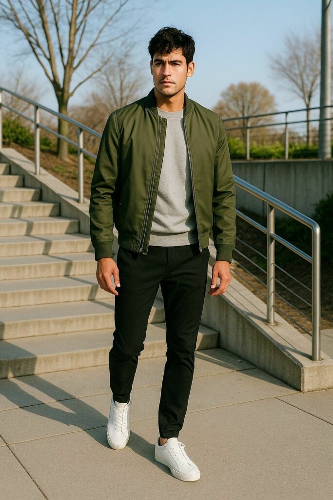 Man walking outdoors on concrete stairs in an olive bomber jacket, gray sweater, black pants, and white sneakers.