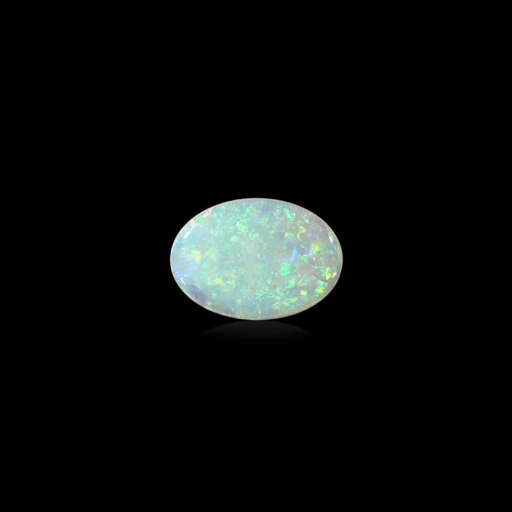 Oval opal stone with iridescent green-blue flashes on a black background.
