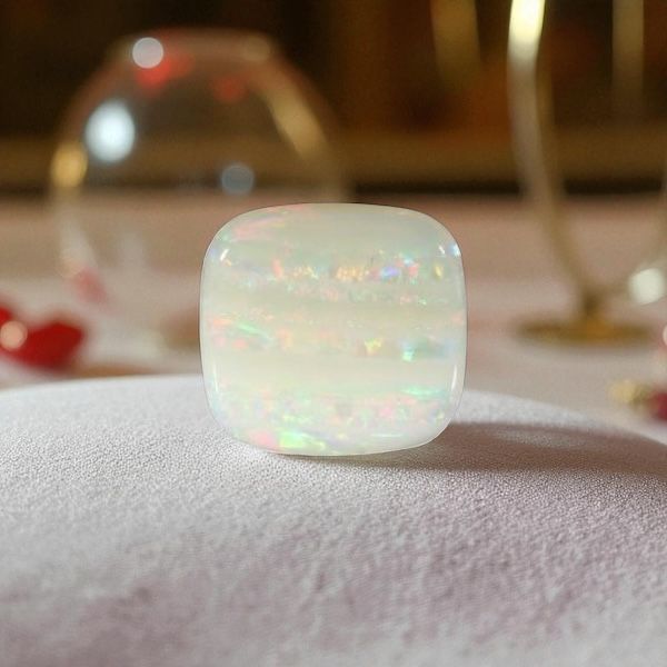 Cushion-cut opal stone displaying iridescent rainbow colors on a white tablecloth with a softly blurred dining setup in the background.