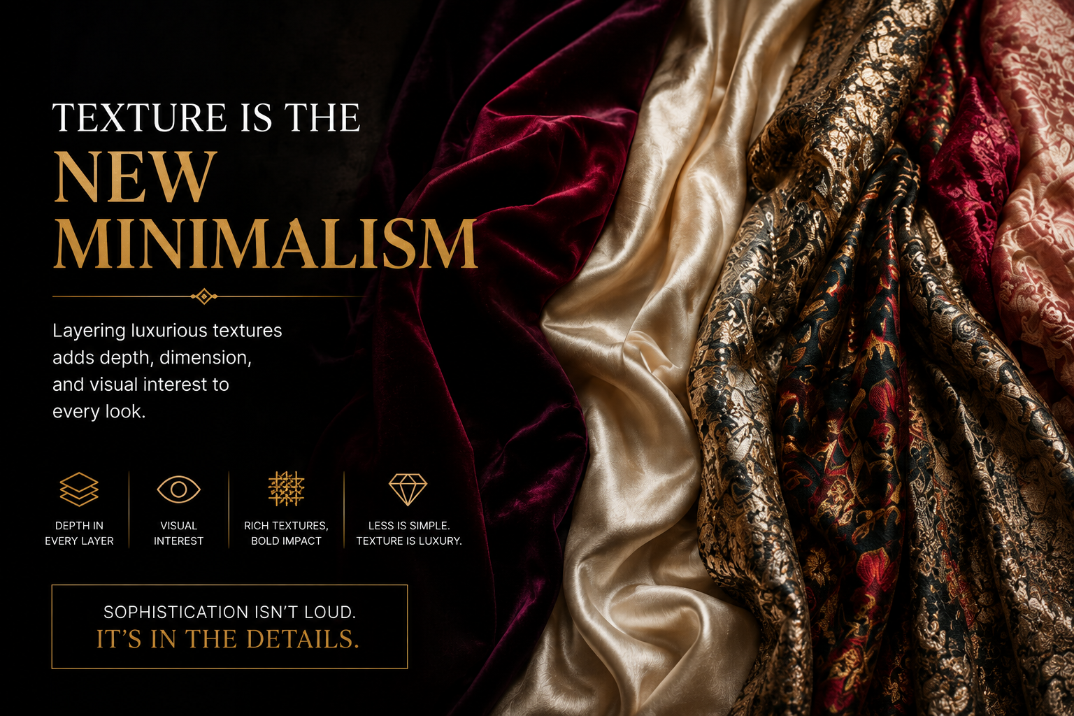 Luxurious velvet and satin fabrics in burgundy, champagne, and gold with the headline 'Texture is the New Minimalism' on the left.