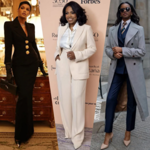 Three women in stylish business suits posing in a collage: left in a black double-breasted suit with gloves, center in a white pantsuit at an event backdrop, right in a light gray overcoat with a navy suit and sunglasses.
