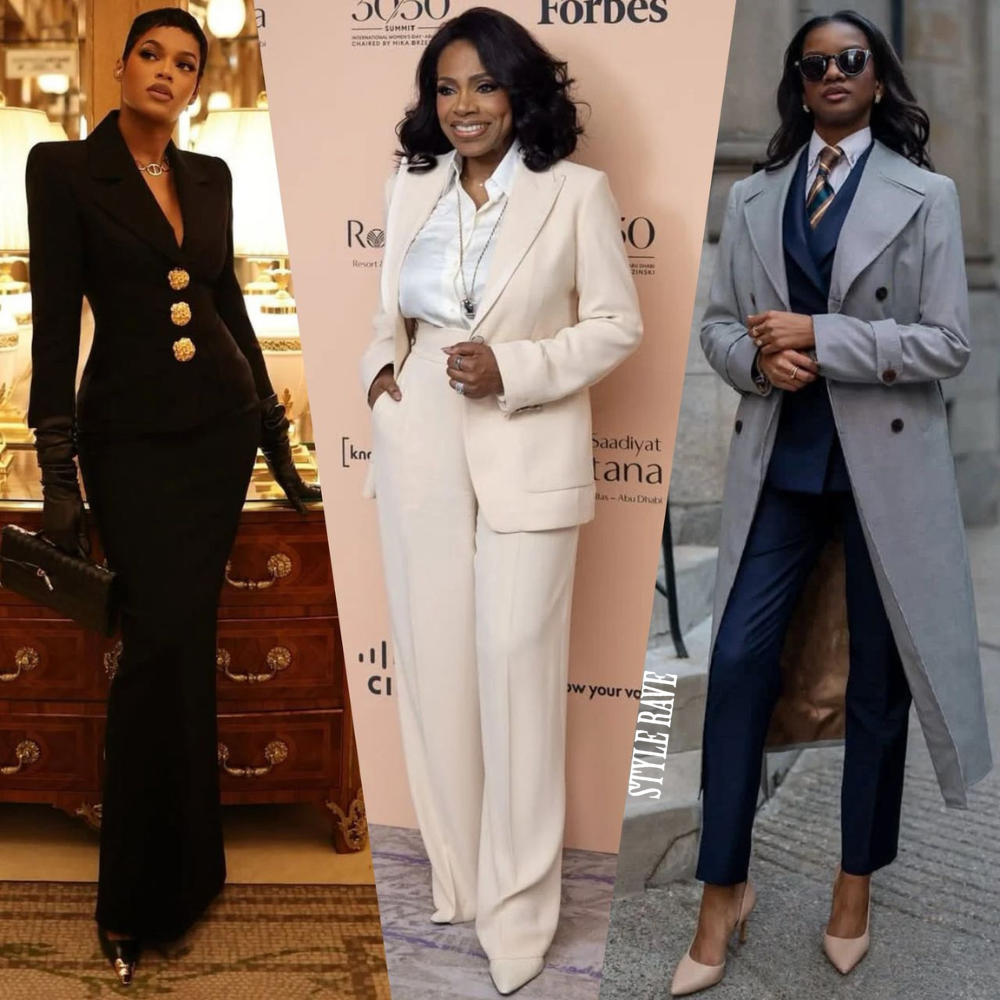 Three women in stylish business suits posing in a collage: left in a black double-breasted suit with gloves, center in a white pantsuit at an event backdrop, right in a light gray overcoat with a navy suit and sunglasses.