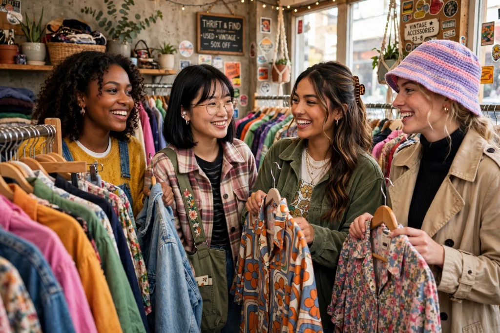 4 girls buying pre-owned and pre-loved clothing