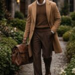 A man walks along a cobblestone path wearing a camel overcoat, brown knit sweater, dress pants, and brown shoes, carrying a brown leather satchel.