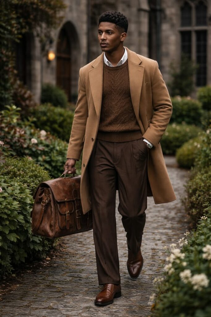 A man walks along a cobblestone path wearing a camel overcoat, brown knit sweater, dress pants, and brown shoes, carrying a brown leather satchel.