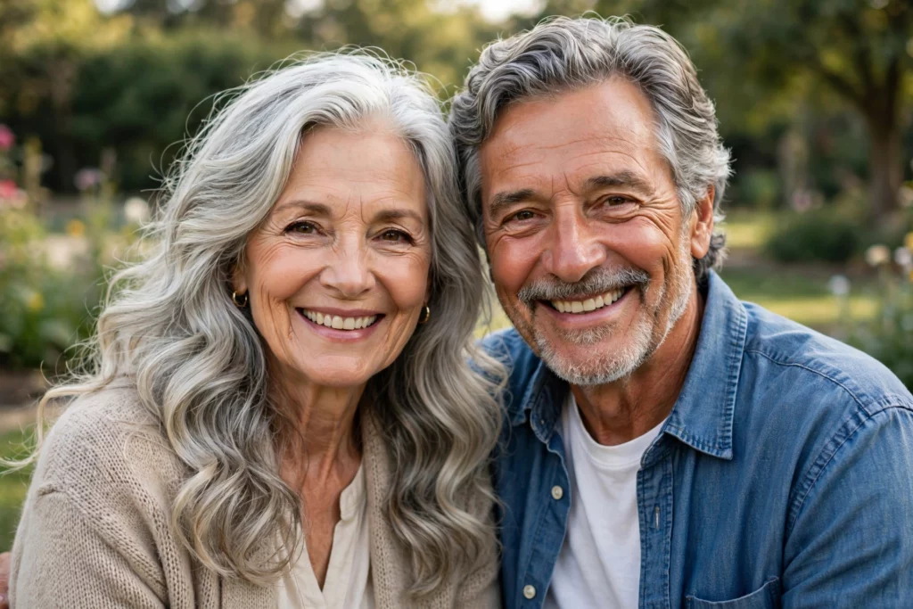 Happy older couple posing close together outdoors in a garden, smiling at the camera (woman with long gray hair, man with gray hair in a denim shirt).