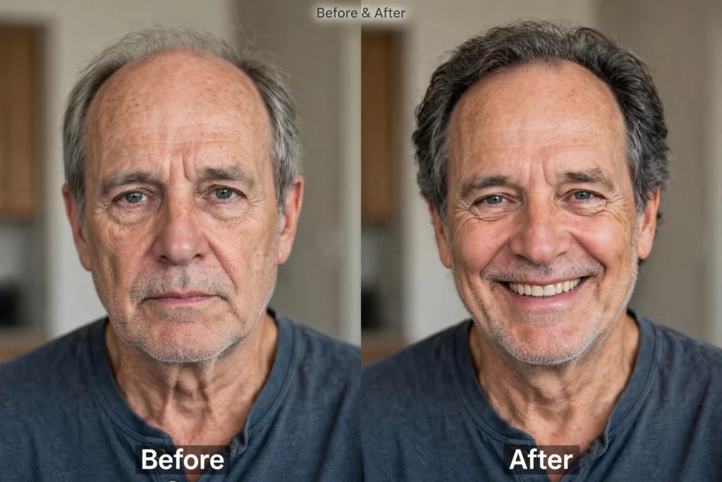 Man displaying before and after  hair implant in Surat