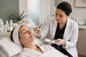 Esthetician in a white coat applies a facial treatment to a patient resting with a mesh mask in a spa setting.