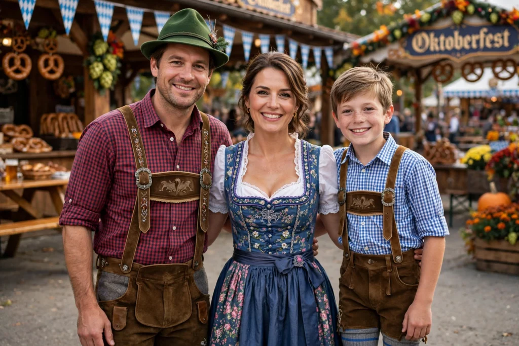 family weaaring traditional lederhosen and oktoberfest dress