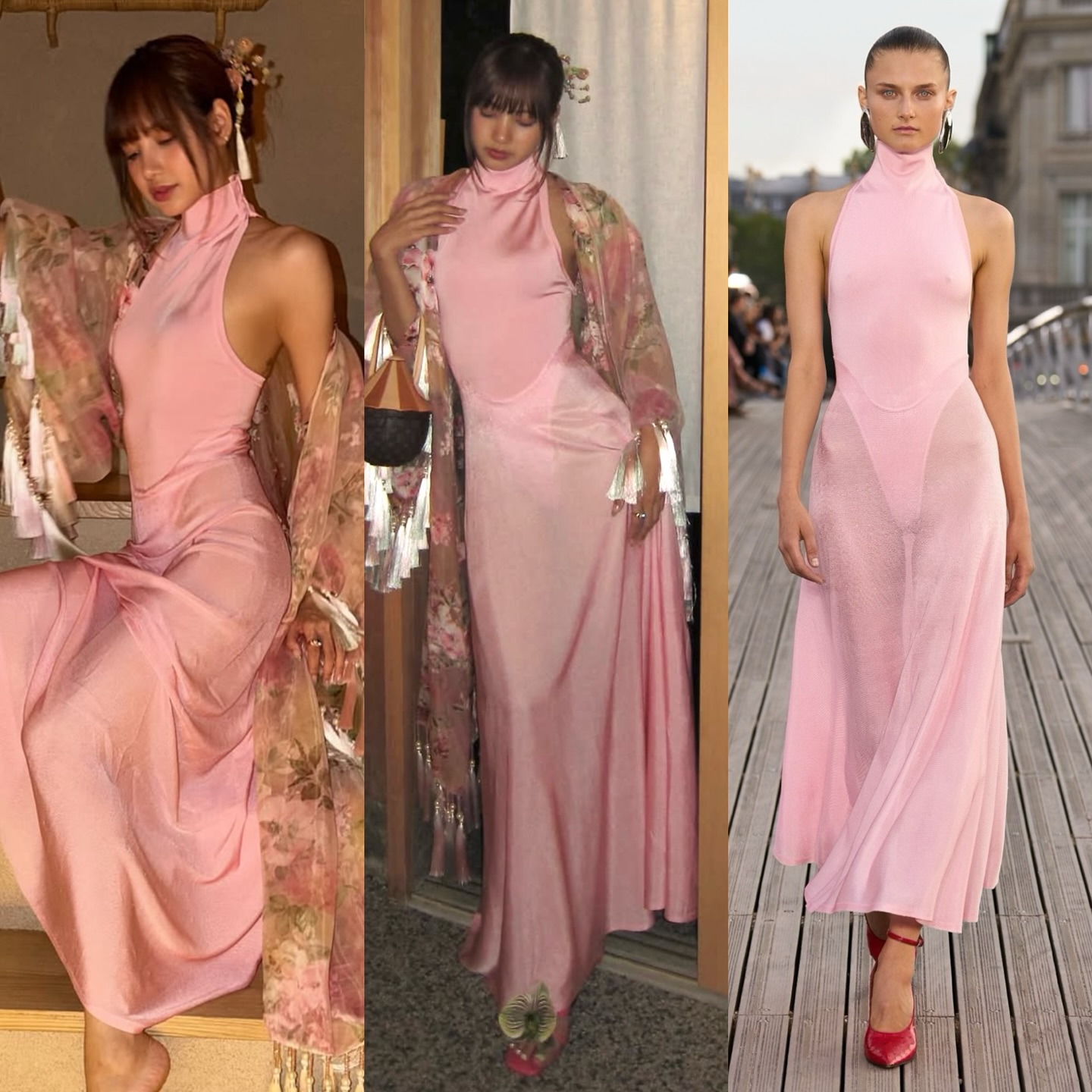 Lisa Turned Heads in a Pink Sheer Dress and Chiffon Floral Fringe Shawl